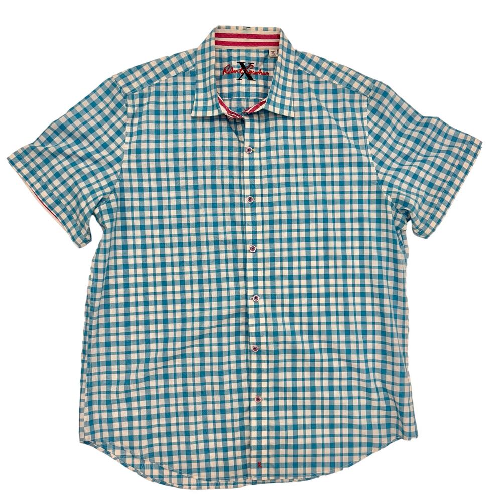 Robert Graham Gingham Short Sleeve Shirt Button-Down Cotton | Men's Size XL